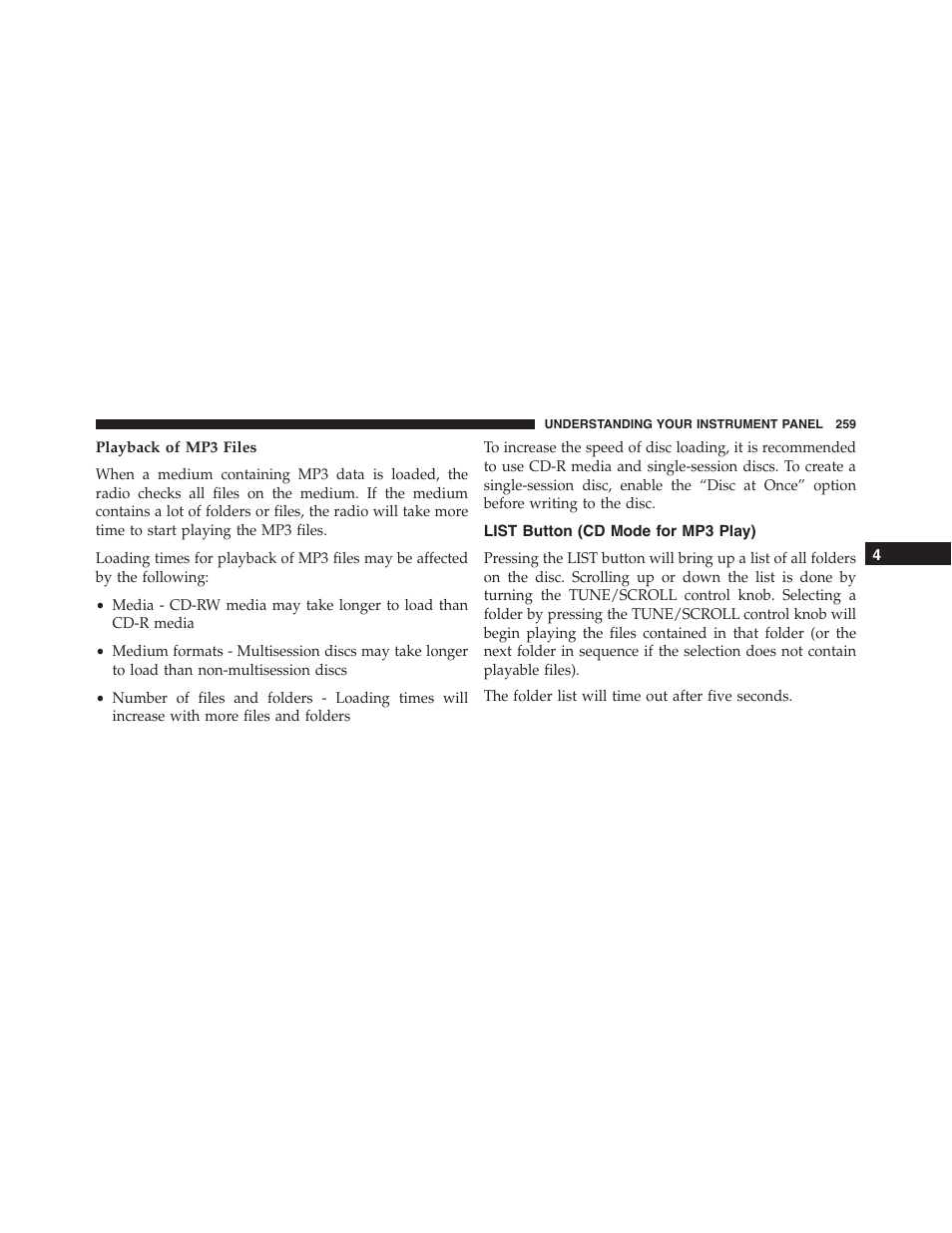 Playback of mp3 files, List button (cd mode for mp3 play) | Dodge 2013 Challenger - Owner Manual User Manual | Page 261 / 530