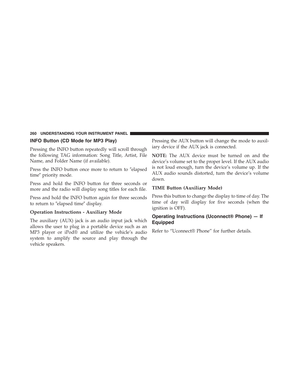 Info button (cd mode for mp3 play), Operation instructions - auxiliary mode, Time button (auxiliary mode) | Operating instructions (uconnect® phone) — if, Equipped | Dodge 2013 Challenger - Owner Manual User Manual | Page 262 / 530