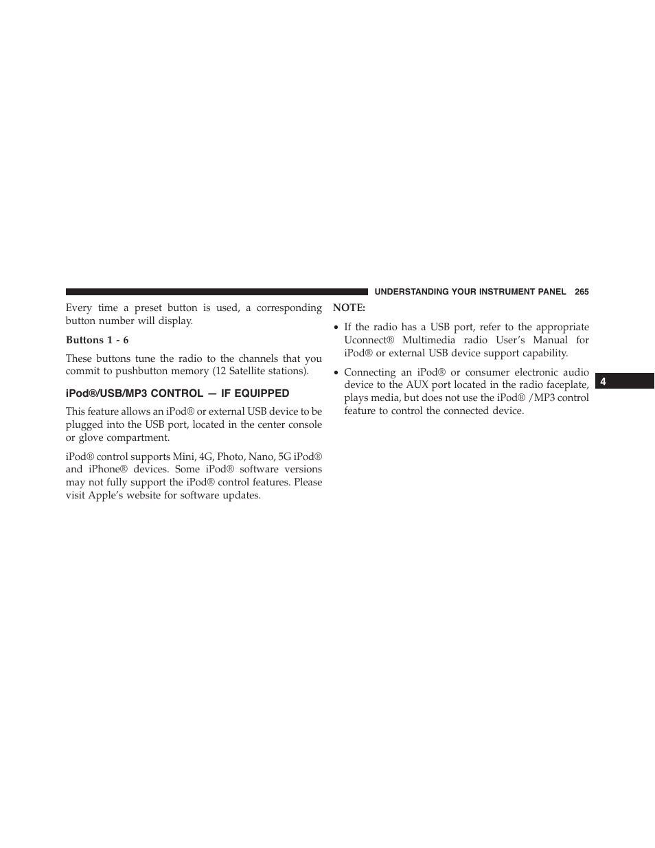 Buttons 1 - 6, Ipod®/usb/mp3 control — if equipped | Dodge 2013 Challenger - Owner Manual User Manual | Page 267 / 530
