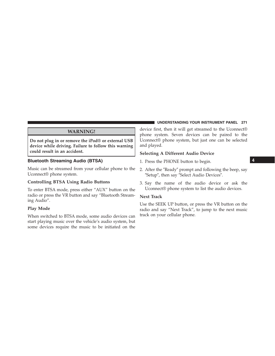 Bluetooth streaming audio (btsa), Controlling btsa using radio buttons, Play mode | Selecting a different audio device, Next track | Dodge 2013 Challenger - Owner Manual User Manual | Page 273 / 530