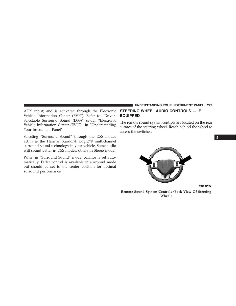 Steering wheel audio controls — if equipped, Steering wheel audio controls — if, Equipped | Dodge 2013 Challenger - Owner Manual User Manual | Page 275 / 530