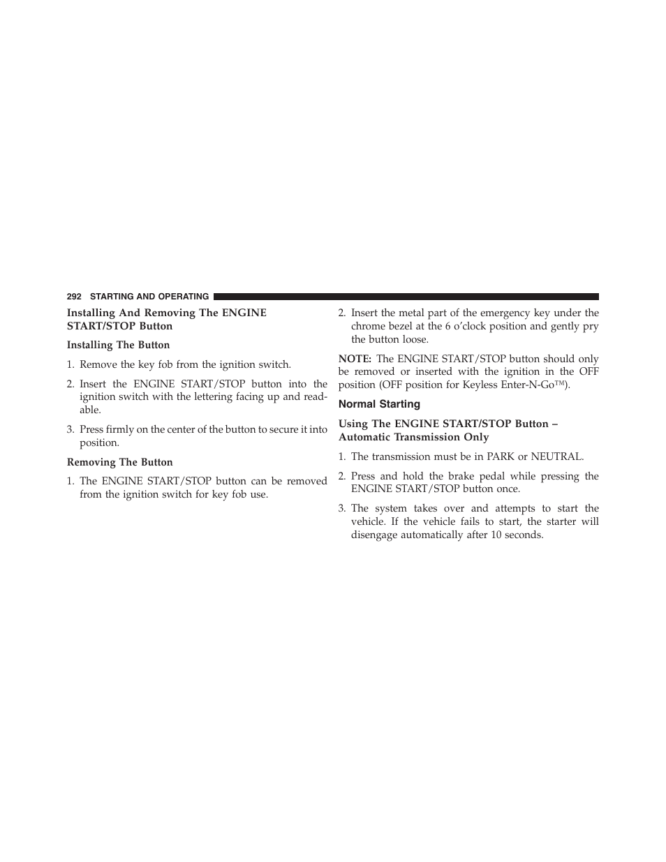 Normal starting | Dodge 2013 Challenger - Owner Manual User Manual | Page 294 / 530