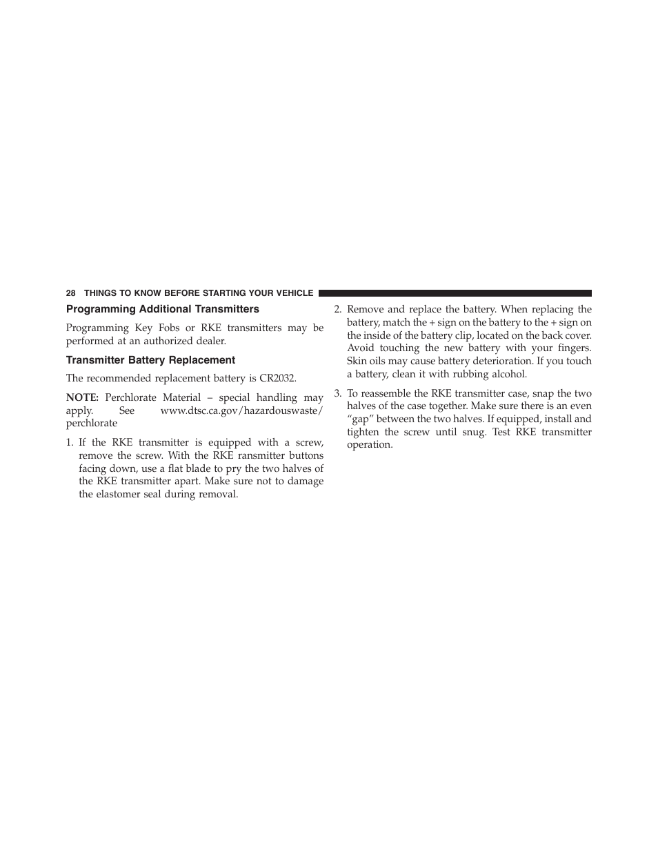 Programming additional transmitters, Transmitter battery replacement | Dodge 2013 Challenger - Owner Manual User Manual | Page 30 / 530