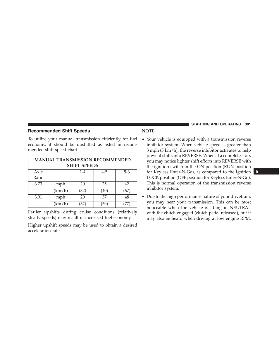 Recommended shift speeds | Dodge 2013 Challenger - Owner Manual User Manual | Page 303 / 530