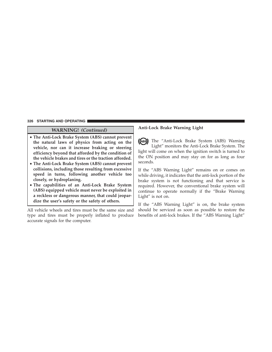 Anti-lock brake warning light | Dodge 2013 Challenger - Owner Manual User Manual | Page 328 / 530