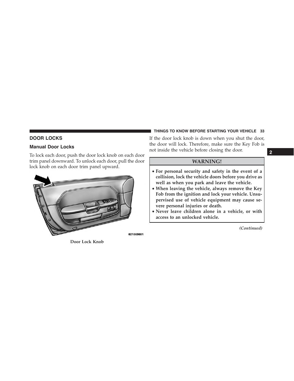 Door locks, Manual door locks | Dodge 2013 Challenger - Owner Manual User Manual | Page 35 / 530