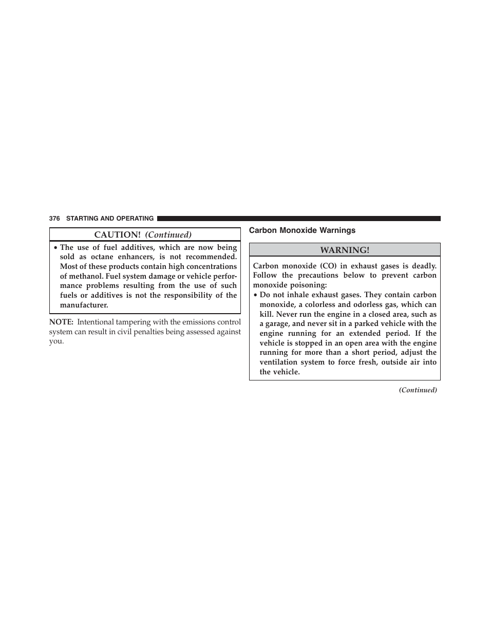 Carbon monoxide warnings | Dodge 2013 Challenger - Owner Manual User Manual | Page 378 / 530