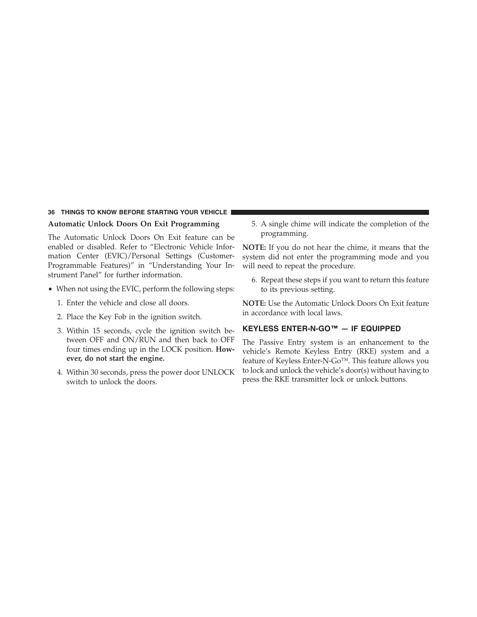 Automatic unlock doors on exit programming, Keyless enter-n-go™ — if equipped | Dodge 2013 Challenger - Owner Manual User Manual | Page 38 / 530