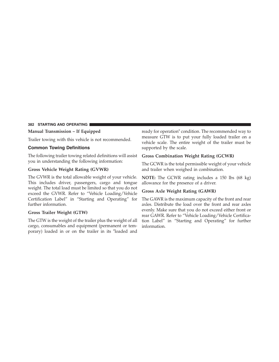 Common towing definitions, Gross vehicle weight rating (gvwr), Gross trailer weight (gtw) | Gross combination weight rating (gcwr), Gross axle weight rating (gawr) | Dodge 2013 Challenger - Owner Manual User Manual | Page 384 / 530