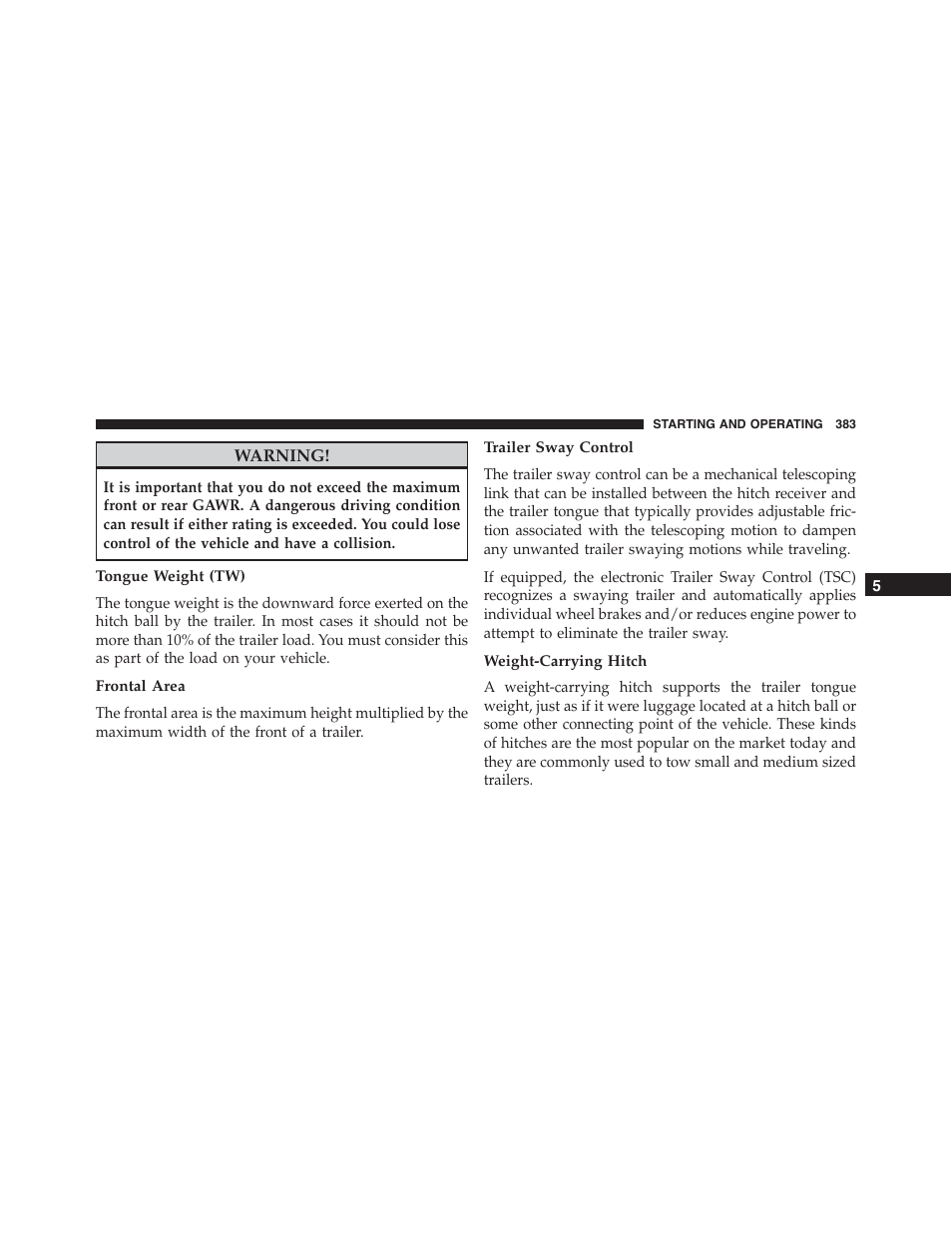 Tongue weight (tw), Frontal area, Trailer sway control | Weight-carrying hitch | Dodge 2013 Challenger - Owner Manual User Manual | Page 385 / 530