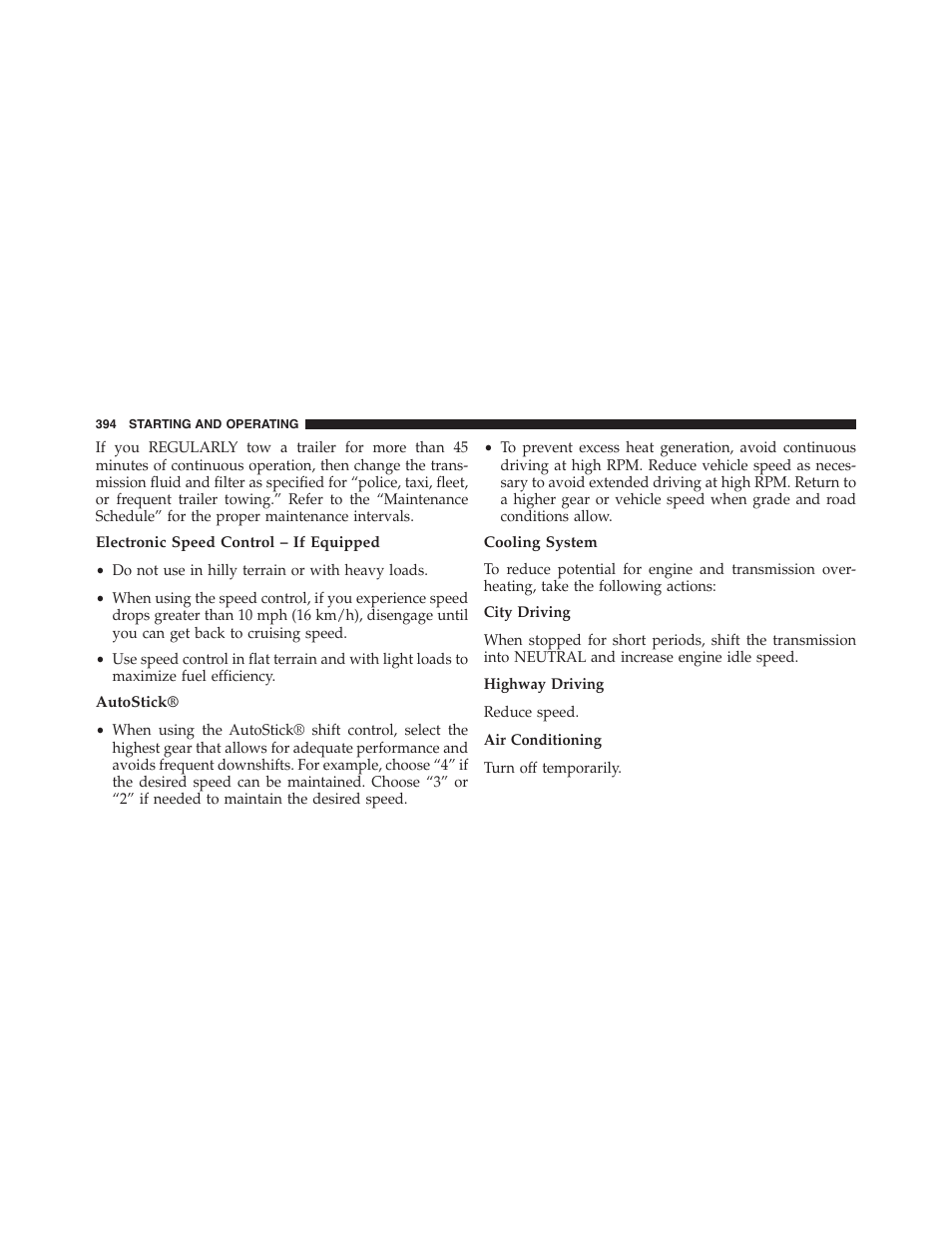 Electronic speed control – if equipped, Autostick, Cooling system | Dodge 2013 Challenger - Owner Manual User Manual | Page 396 / 530