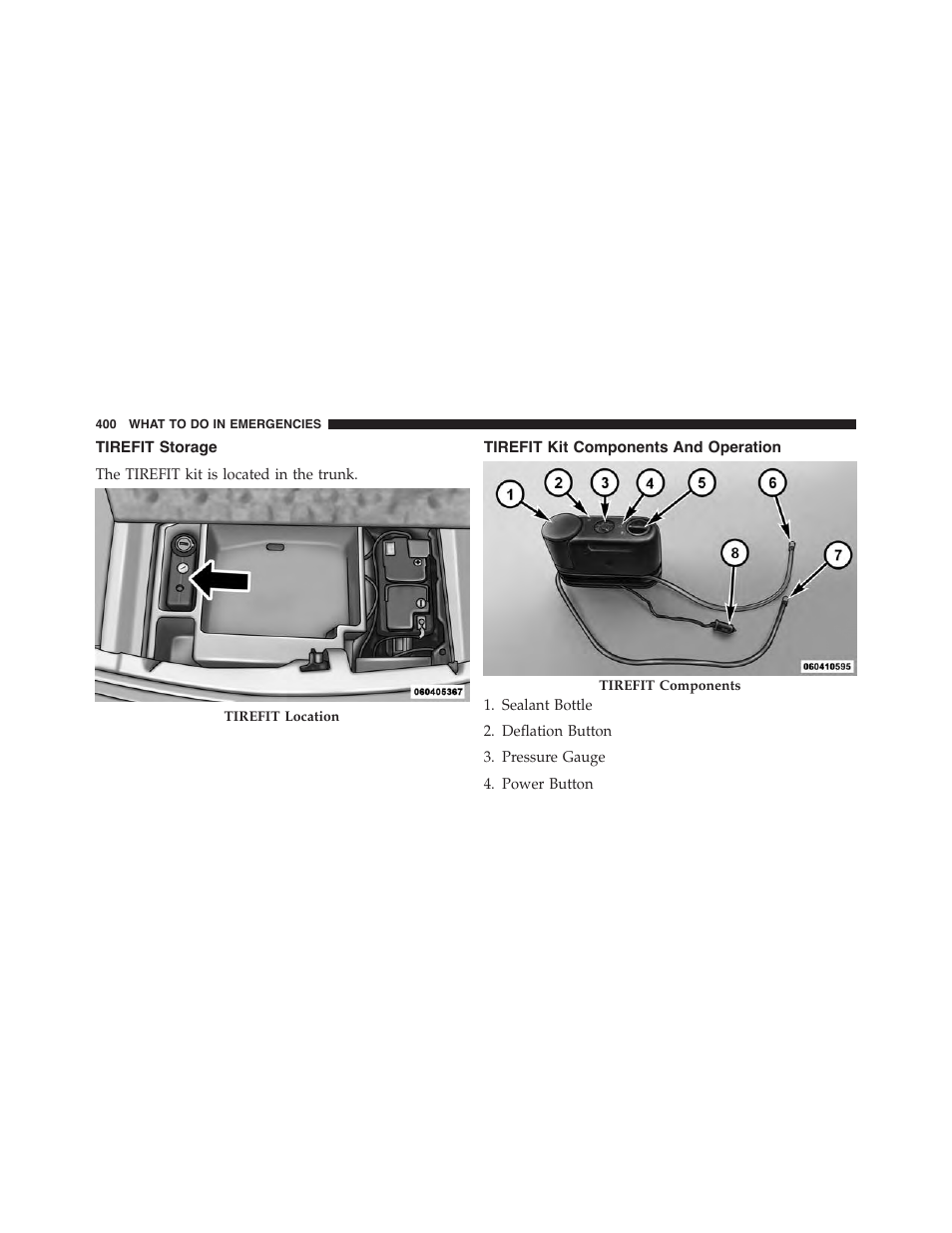 Tirefit storage, Tirefit kit components and operation | Dodge 2013 Challenger - Owner Manual User Manual | Page 402 / 530