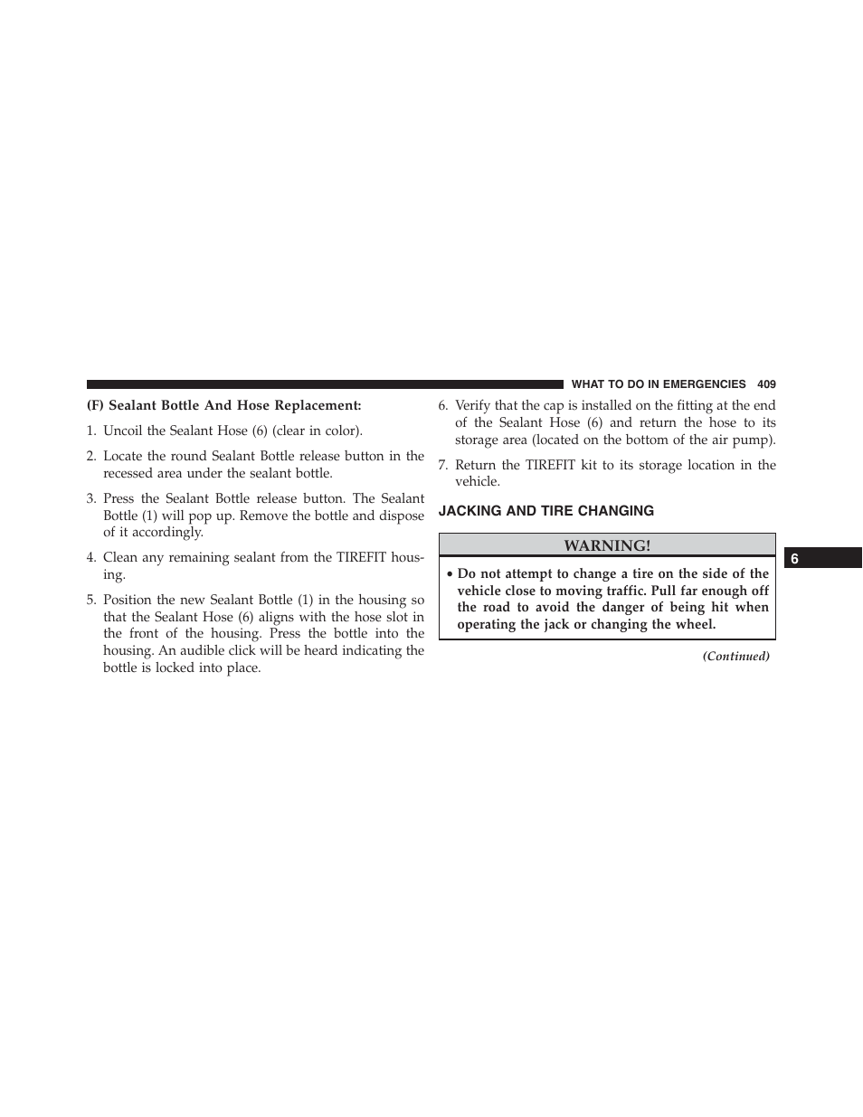 F) sealant bottle and hose replacement, Jacking and tire changing | Dodge 2013 Challenger - Owner Manual User Manual | Page 411 / 530