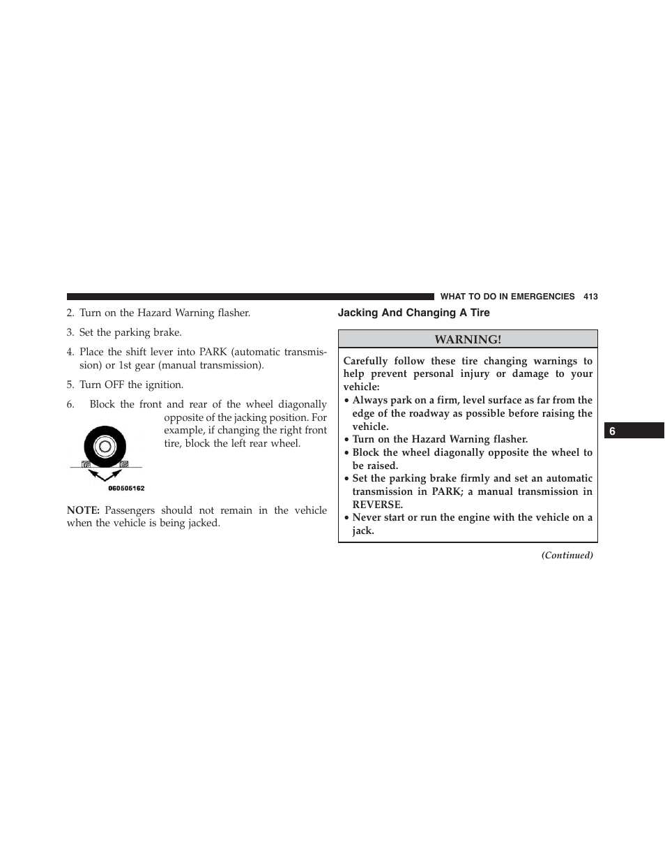 Jacking and changing a tire | Dodge 2013 Challenger - Owner Manual User Manual | Page 415 / 530