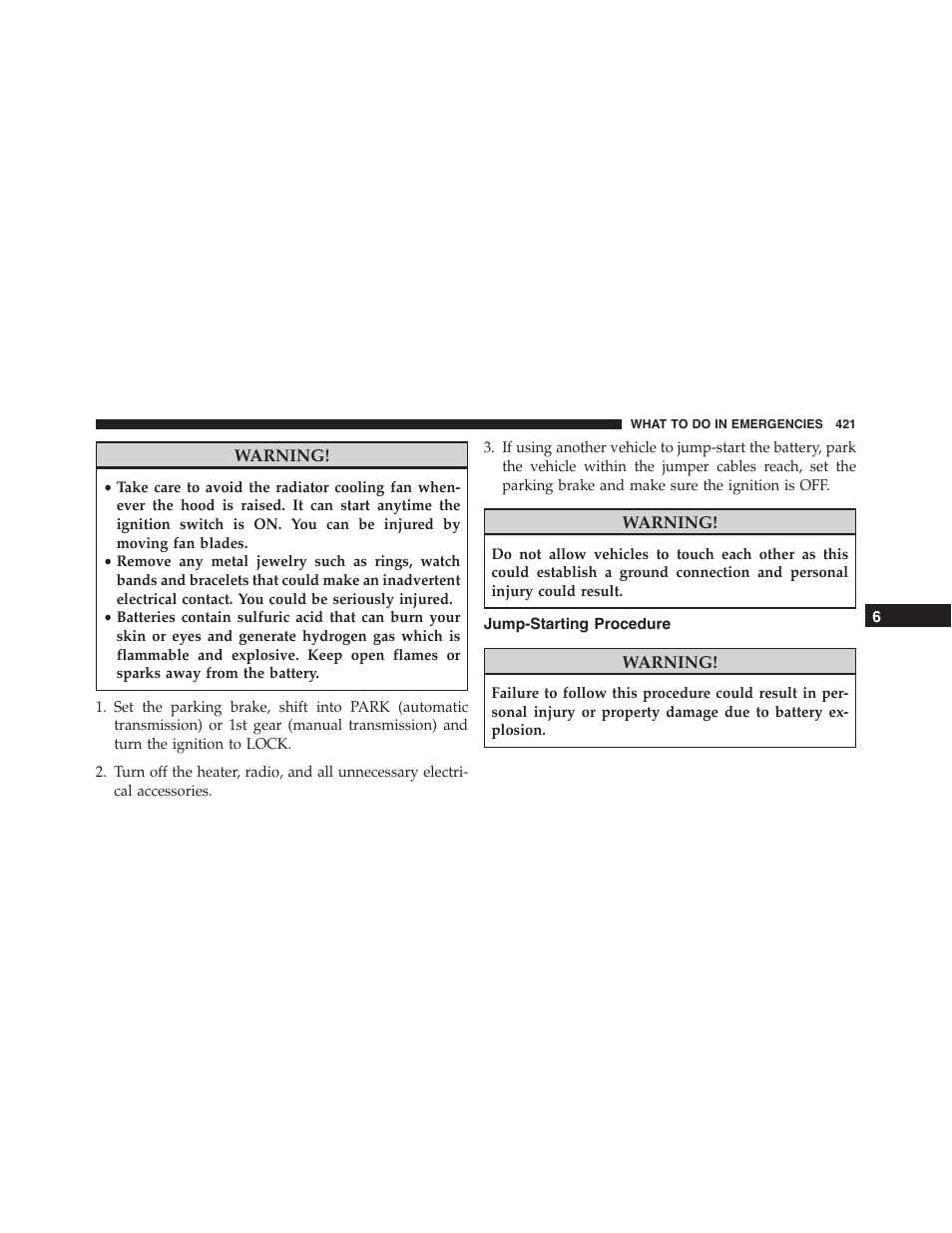 Jump-starting procedure | Dodge 2013 Challenger - Owner Manual User Manual | Page 423 / 530