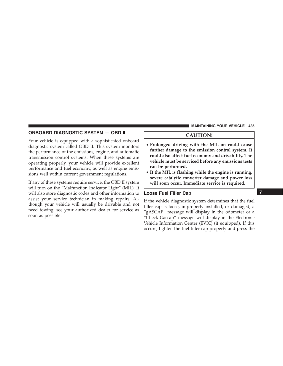 Onboard diagnostic system — obd ii, Loose fuel filler cap | Dodge 2013 Challenger - Owner Manual User Manual | Page 437 / 530