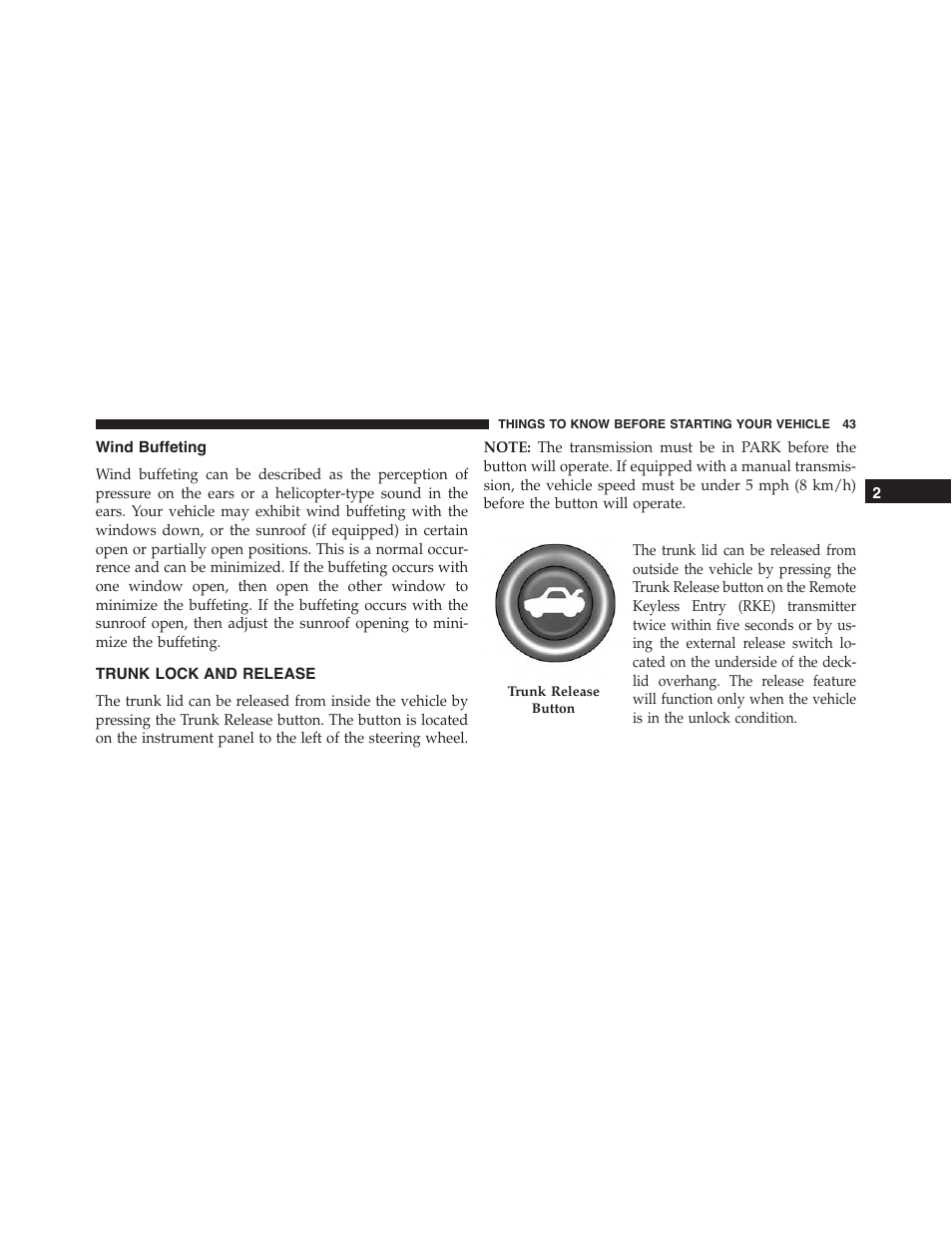 Wind buffeting, Trunk lock and release | Dodge 2013 Challenger - Owner Manual User Manual | Page 45 / 530