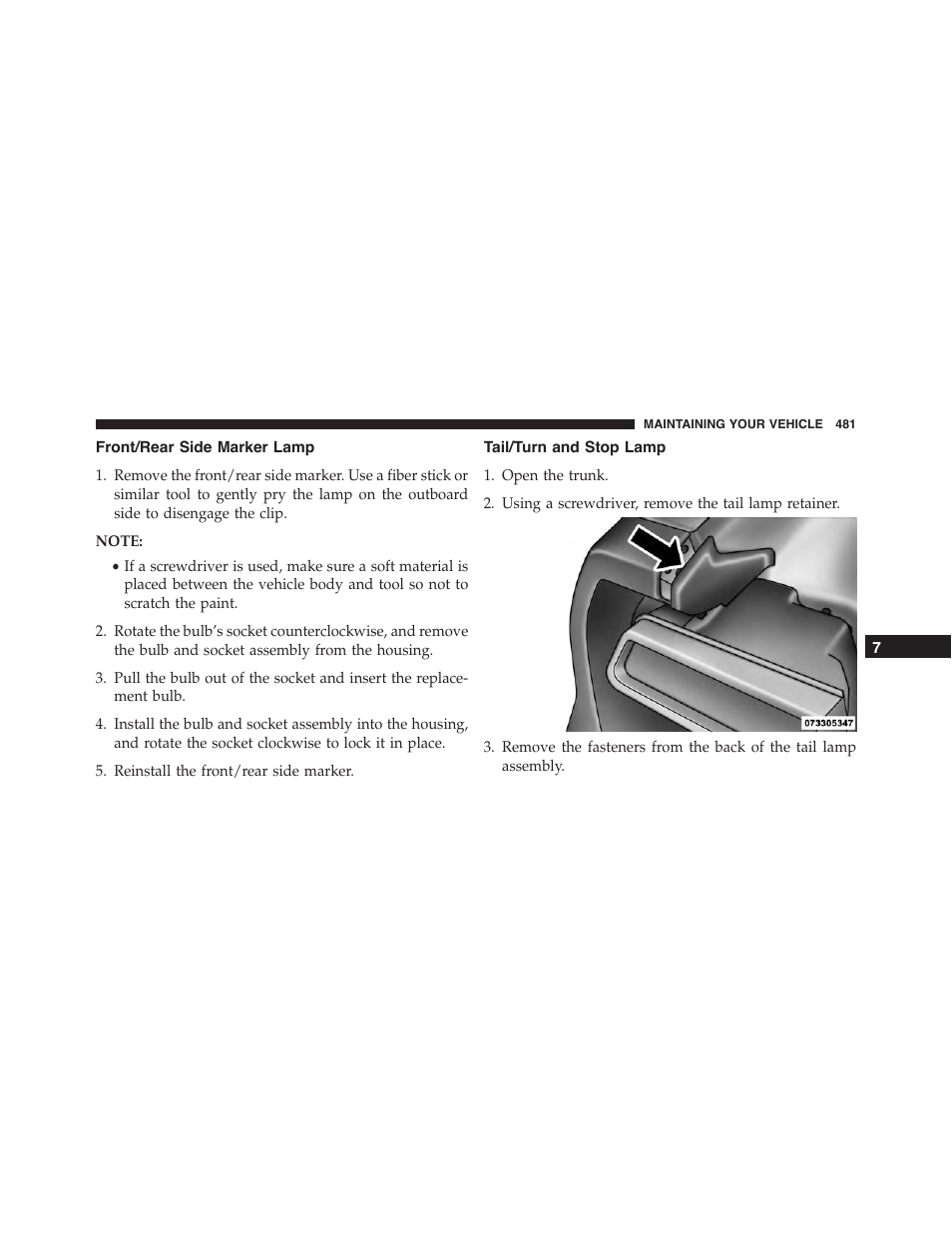 Front/rear side marker lamp, Tail/turn and stop lamp | Dodge 2013 Challenger - Owner Manual User Manual | Page 483 / 530