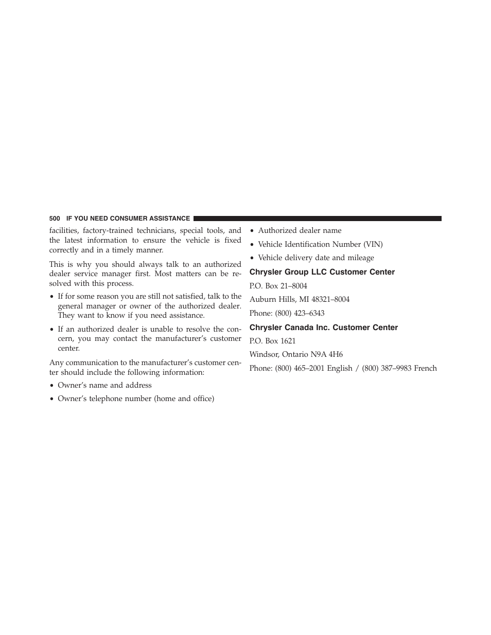 Chrysler group llc customer center, Chrysler canada inc. customer center | Dodge 2013 Challenger - Owner Manual User Manual | Page 502 / 530