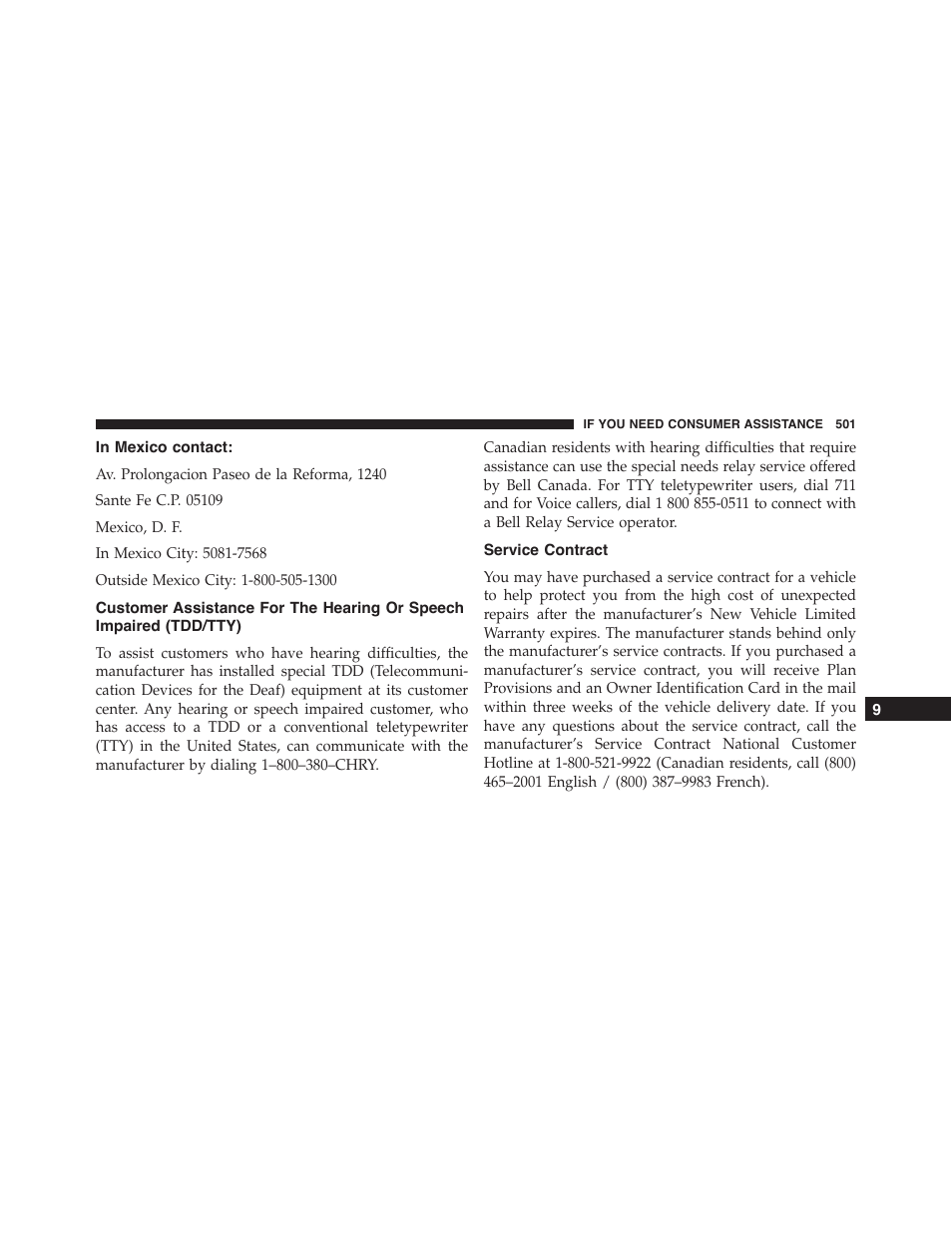 In mexico contact, Service contract, Customer assistance for the hearing or speech | Impaired (tdd/tty) | Dodge 2013 Challenger - Owner Manual User Manual | Page 503 / 530