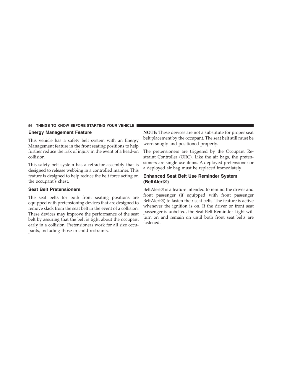 Energy management feature, Seat belt pretensioners, Enhanced seat belt use reminder system | Beltalert®) | Dodge 2013 Challenger - Owner Manual User Manual | Page 58 / 530