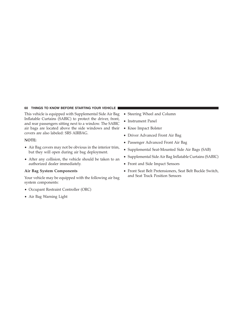Air bag system components | Dodge 2013 Challenger - Owner Manual User Manual | Page 62 / 530