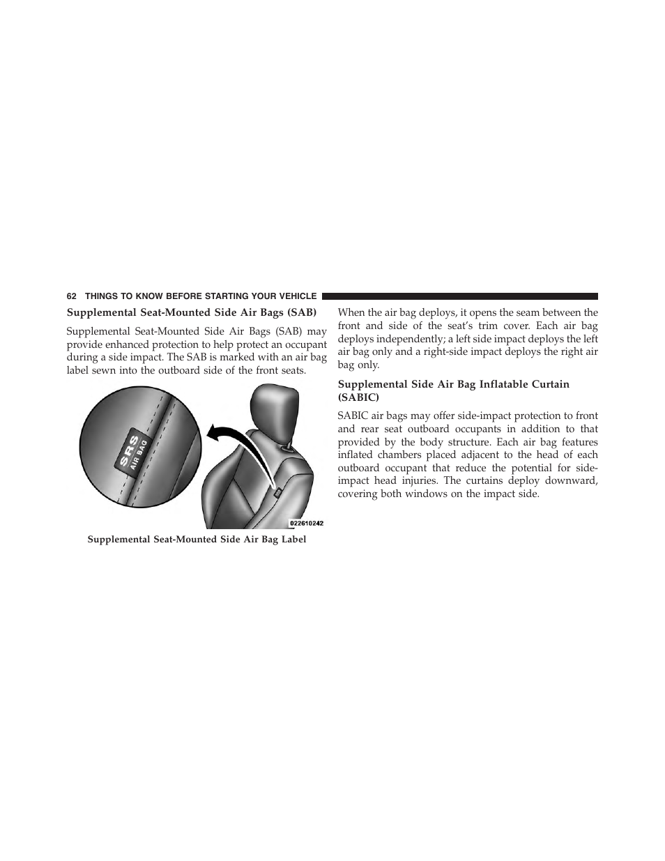 Supplemental seat-mounted side air bags (sab) | Dodge 2013 Challenger - Owner Manual User Manual | Page 64 / 530