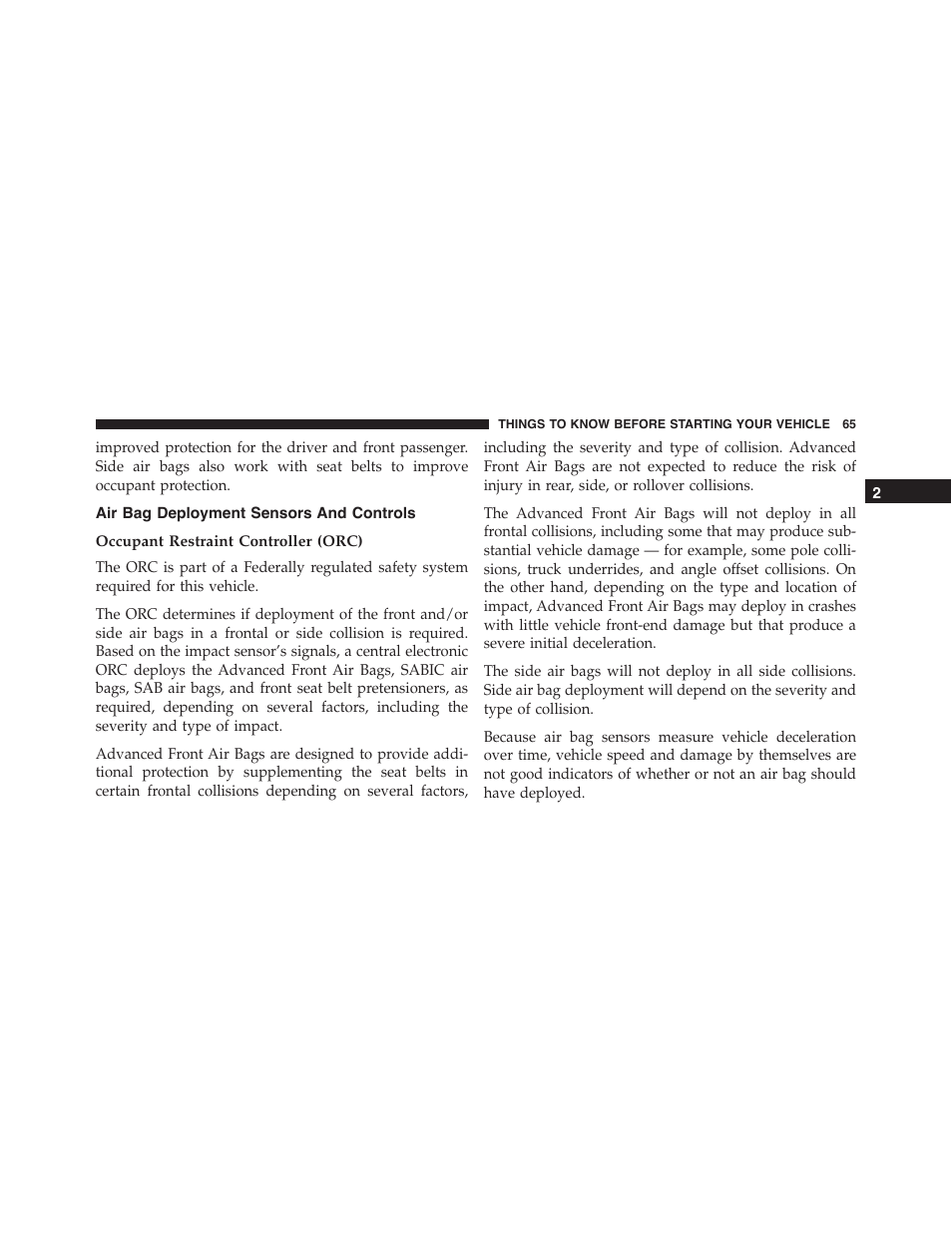 Air bag deployment sensors and controls, Occupant restraint controller (orc) | Dodge 2013 Challenger - Owner Manual User Manual | Page 67 / 530