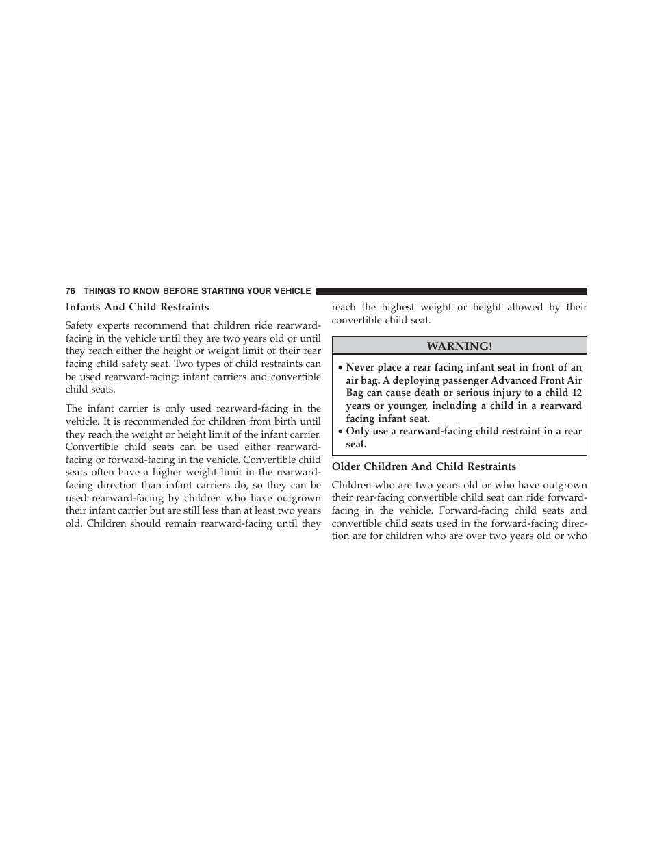 Infants and child restraints, Older children and child restraints | Dodge 2013 Challenger - Owner Manual User Manual | Page 78 / 530