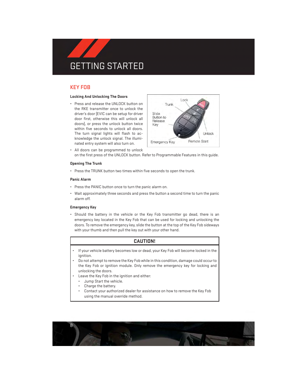 Getting started, Key fob, Locking and unlocking the doors | Opening the trunk, Panic alarm, Emergency key | Dodge 2013 Challenger_SRT - User Guide User Manual | Page 10 / 140