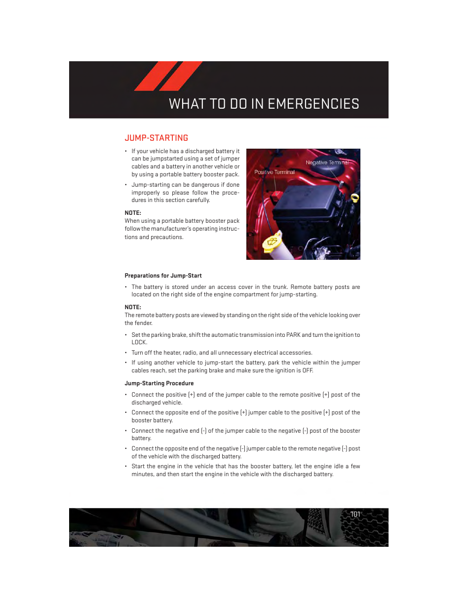 Jump-starting, Preparations for jump-start, Jump-starting procedure | What to do in emergencies | Dodge 2013 Challenger_SRT - User Guide User Manual | Page 103 / 140