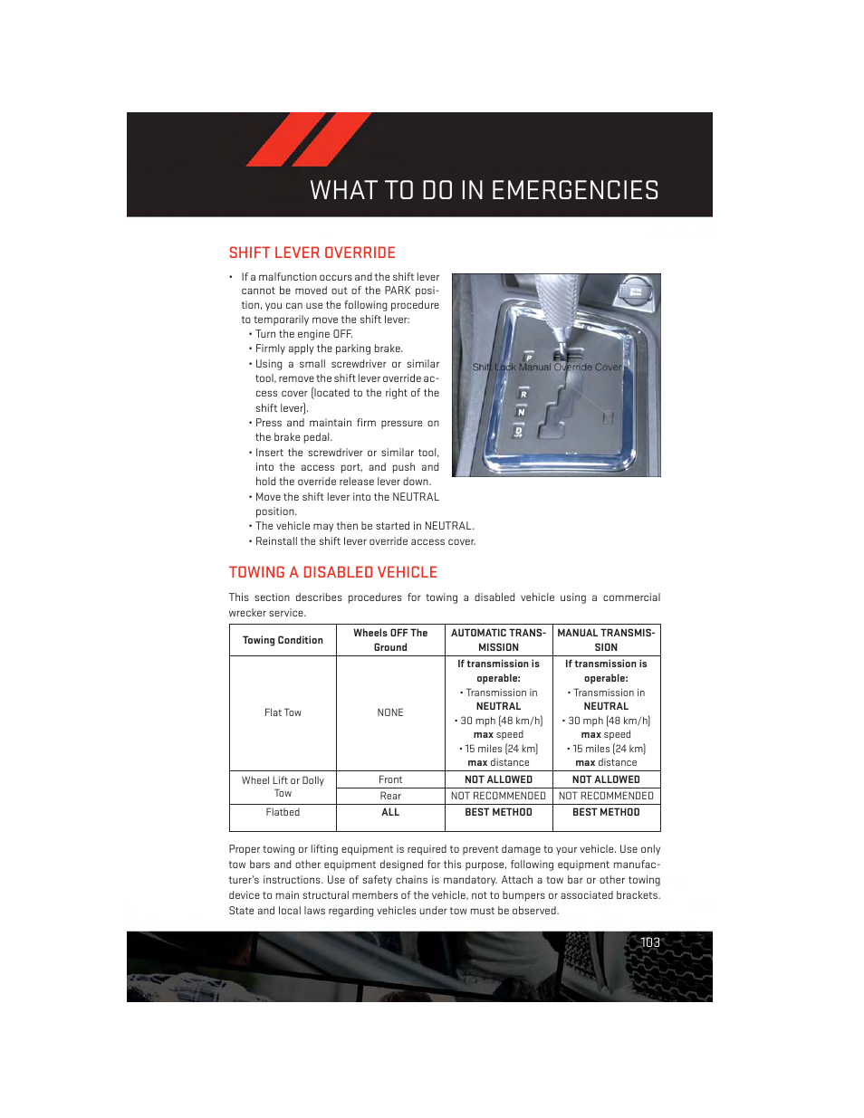 Shift lever override, Towing a disabled vehicle, What to do in emergencies | Dodge 2013 Challenger_SRT - User Guide User Manual | Page 105 / 140