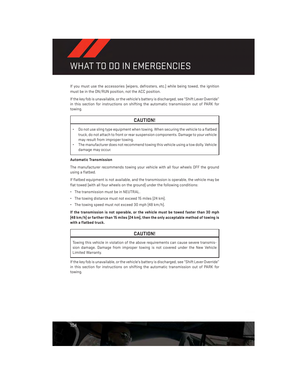 Automatic transmission, What to do in emergencies | Dodge 2013 Challenger_SRT - User Guide User Manual | Page 106 / 140