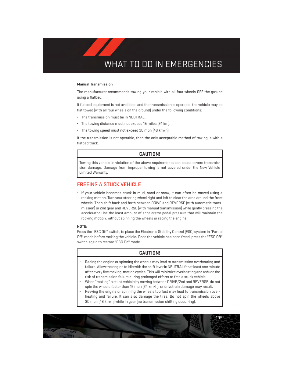 Manual transmission, Freeing a stuck vehicle, What to do in emergencies | Dodge 2013 Challenger_SRT - User Guide User Manual | Page 107 / 140