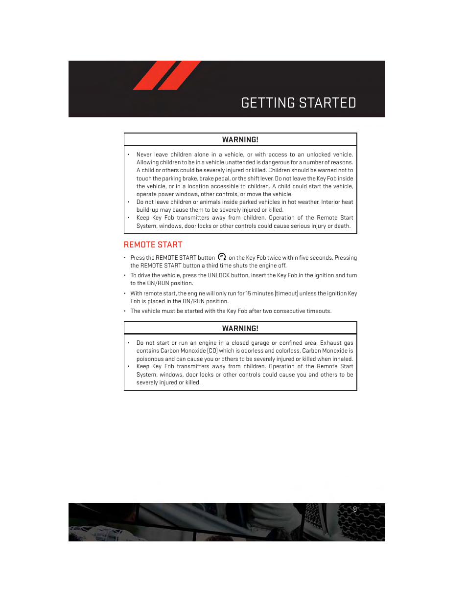 Remote start, Getting started | Dodge 2013 Challenger_SRT - User Guide User Manual | Page 11 / 140