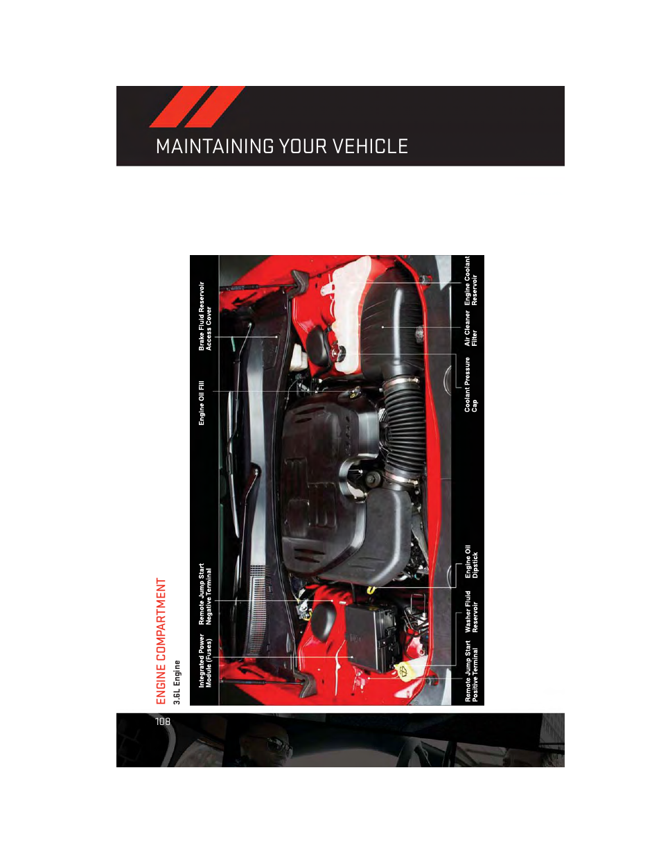 Engine compartment, 6l engine, Maintaining your vehicle | Dodge 2013 Challenger_SRT - User Guide User Manual | Page 110 / 140