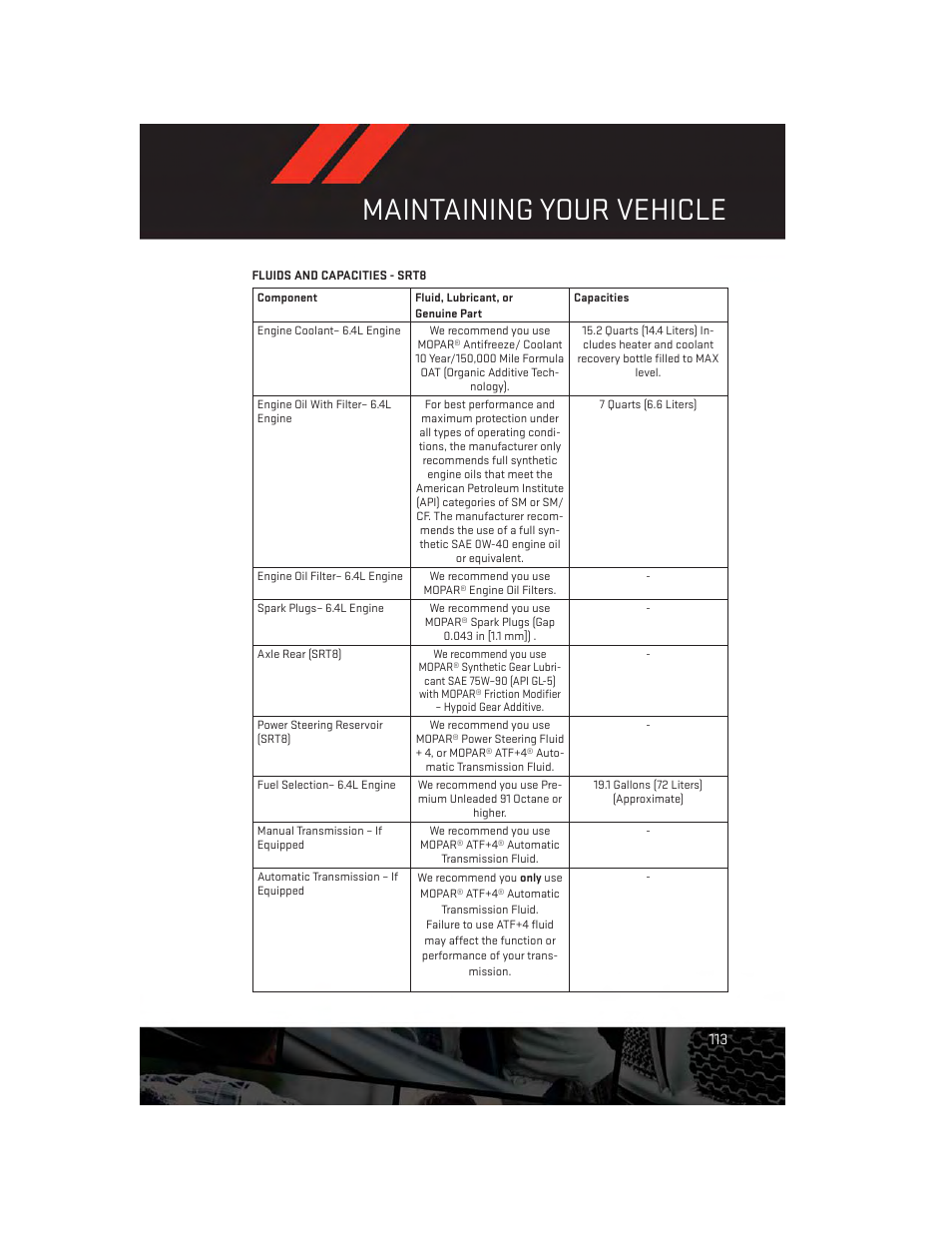 Fluids and capacities - srt8, Maintaining your vehicle | Dodge 2013 Challenger_SRT - User Guide User Manual | Page 115 / 140