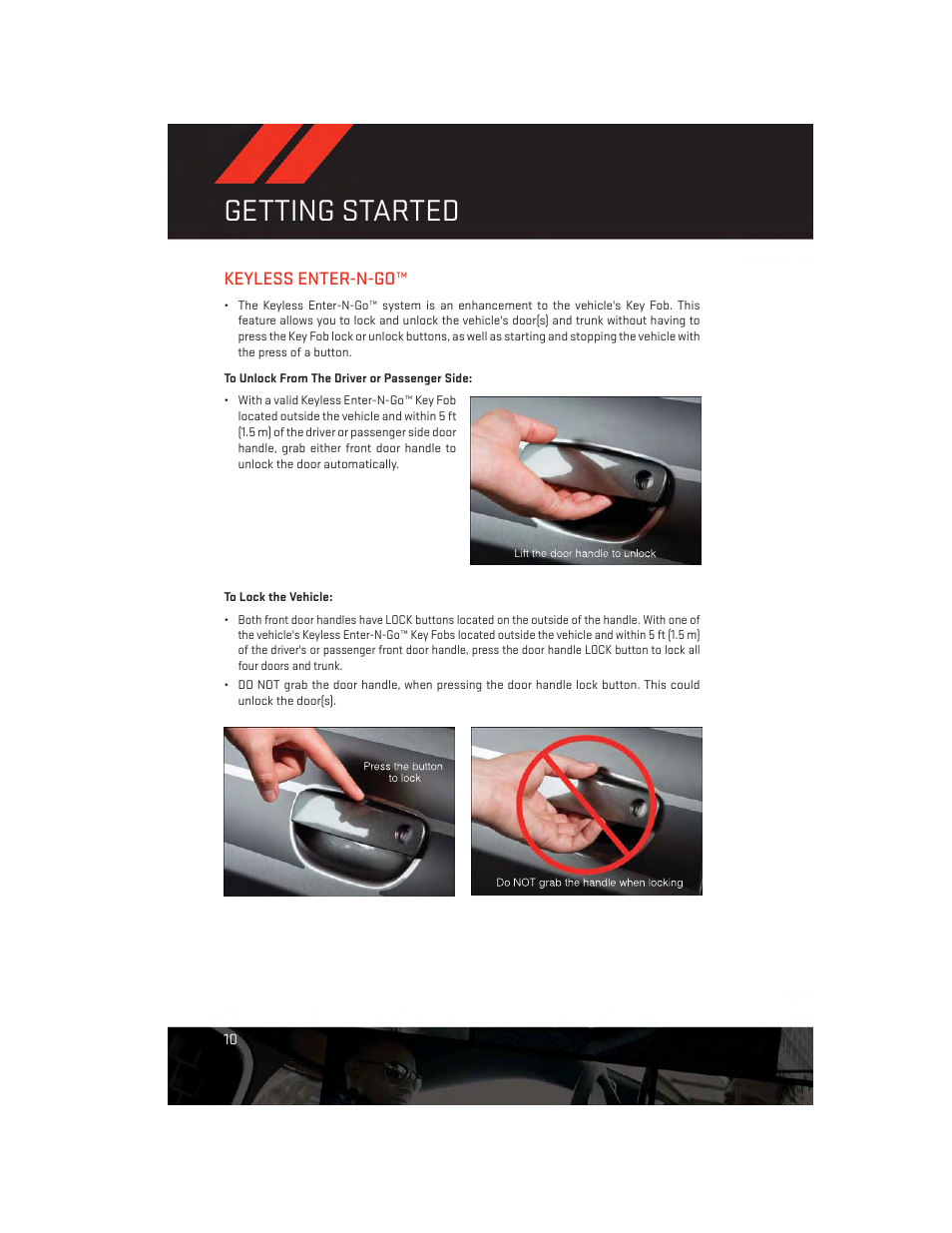 Keyless enter-n-go, To unlock from the driver or passenger side, To lock the vehicle | Getting started | Dodge 2013 Challenger_SRT - User Guide User Manual | Page 12 / 140