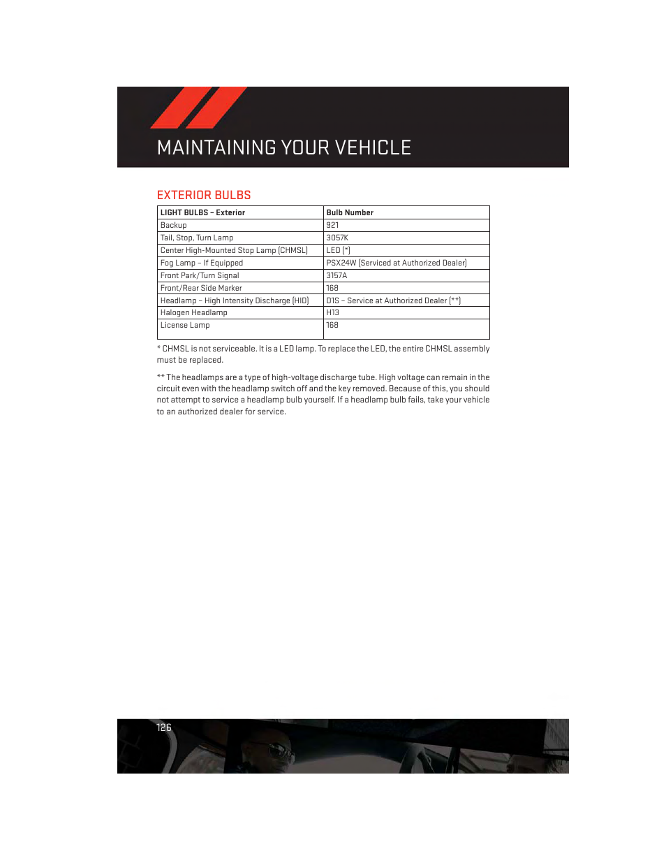 Exterior bulbs, Maintaining your vehicle | Dodge 2013 Challenger_SRT - User Guide User Manual | Page 128 / 140