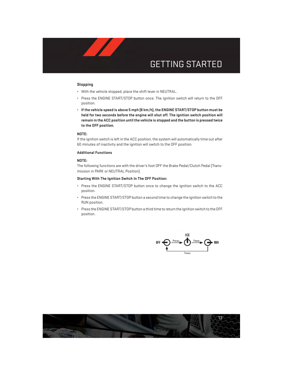 Additional functions, Getting started | Dodge 2013 Challenger_SRT - User Guide User Manual | Page 15 / 140