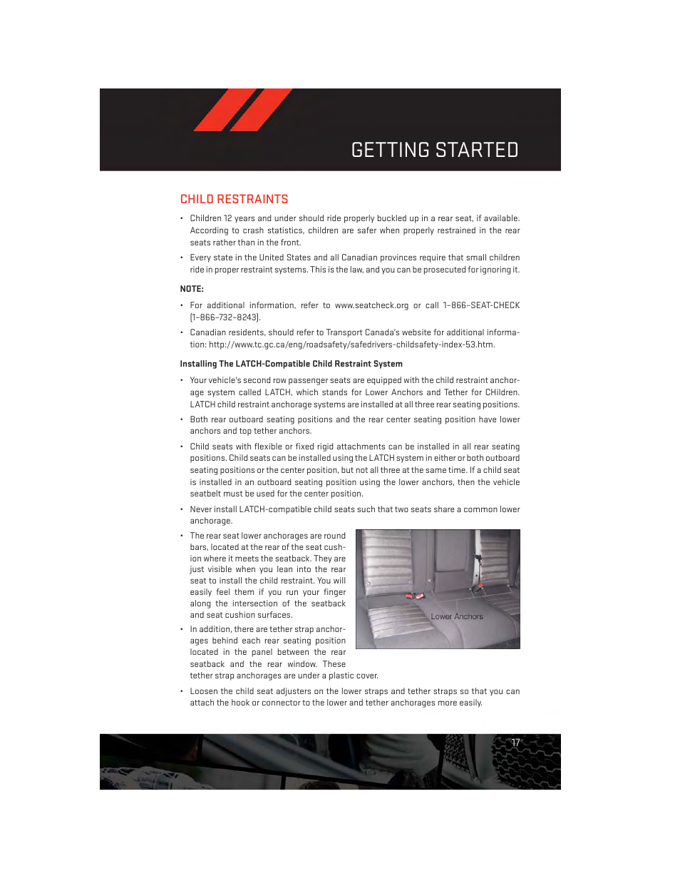 Child restraints, Getting started | Dodge 2013 Challenger_SRT - User Guide User Manual | Page 19 / 140