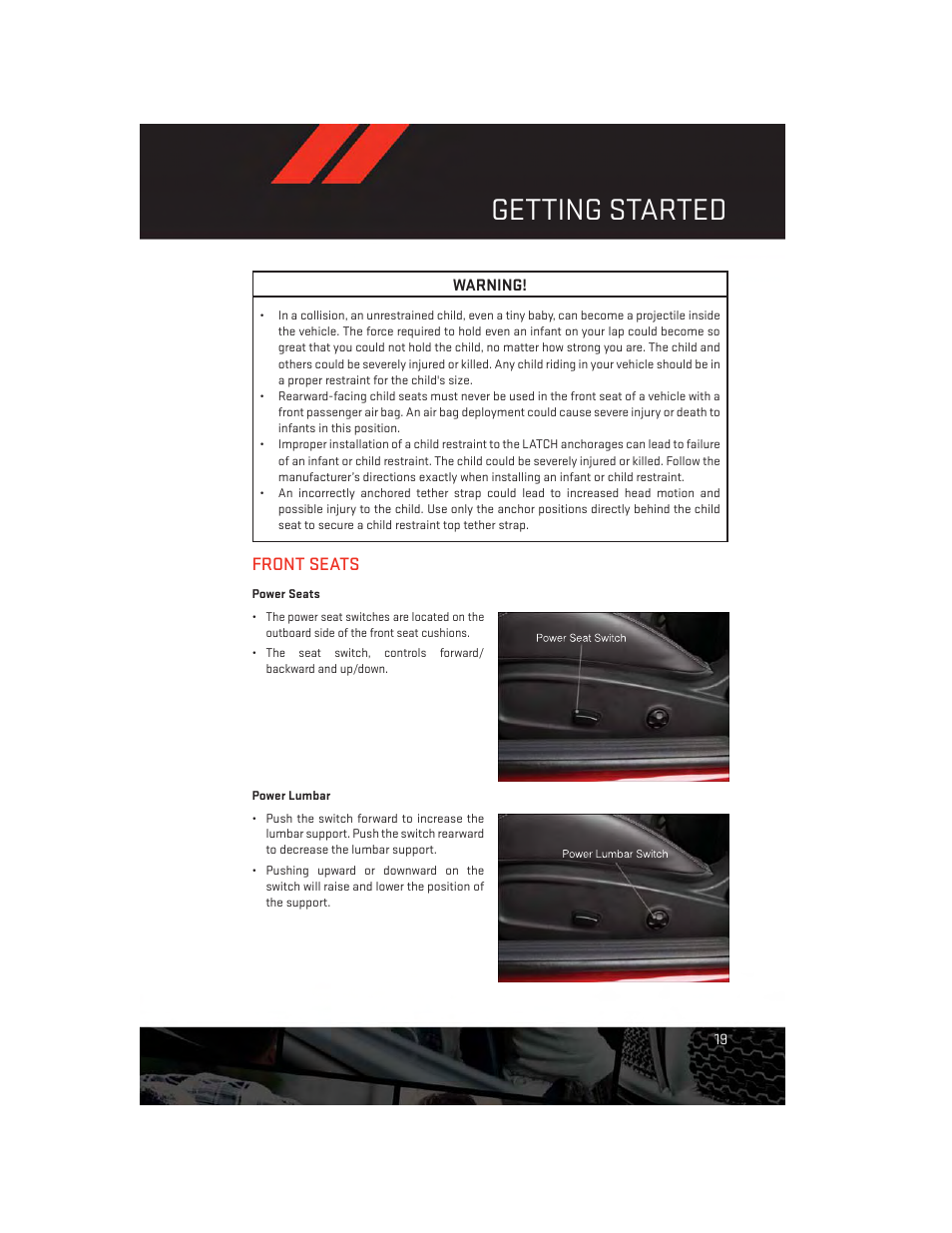 Front seats, Power seats, Power lumbar | Getting started | Dodge 2013 Challenger_SRT - User Guide User Manual | Page 21 / 140