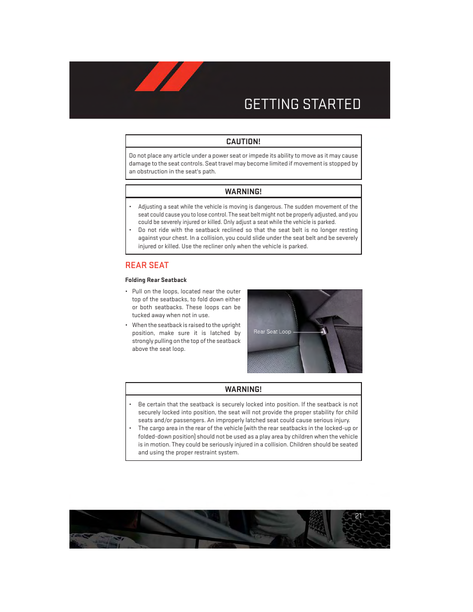 Rear seat, Folding rear seatback, Getting started | Dodge 2013 Challenger_SRT - User Guide User Manual | Page 23 / 140