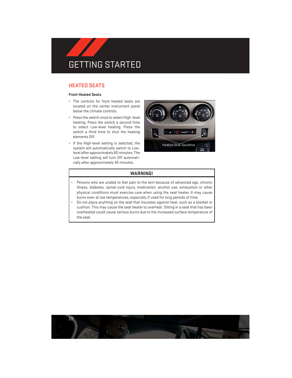 Heated seats, Front heated seats, Getting started | Dodge 2013 Challenger_SRT - User Guide User Manual | Page 24 / 140