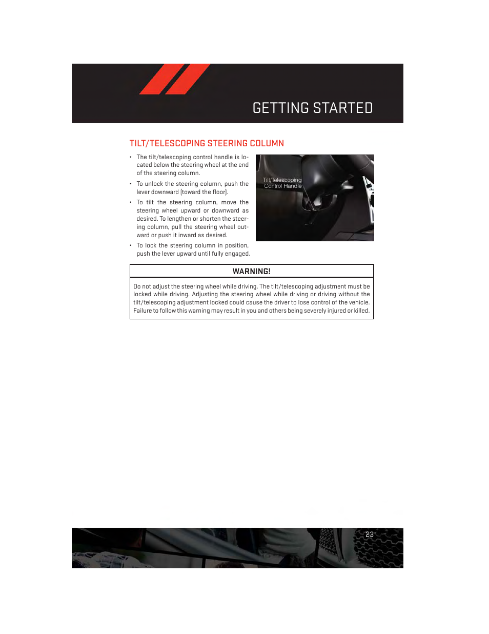 Tilt/telescoping steering column, Getting started | Dodge 2013 Challenger_SRT - User Guide User Manual | Page 25 / 140