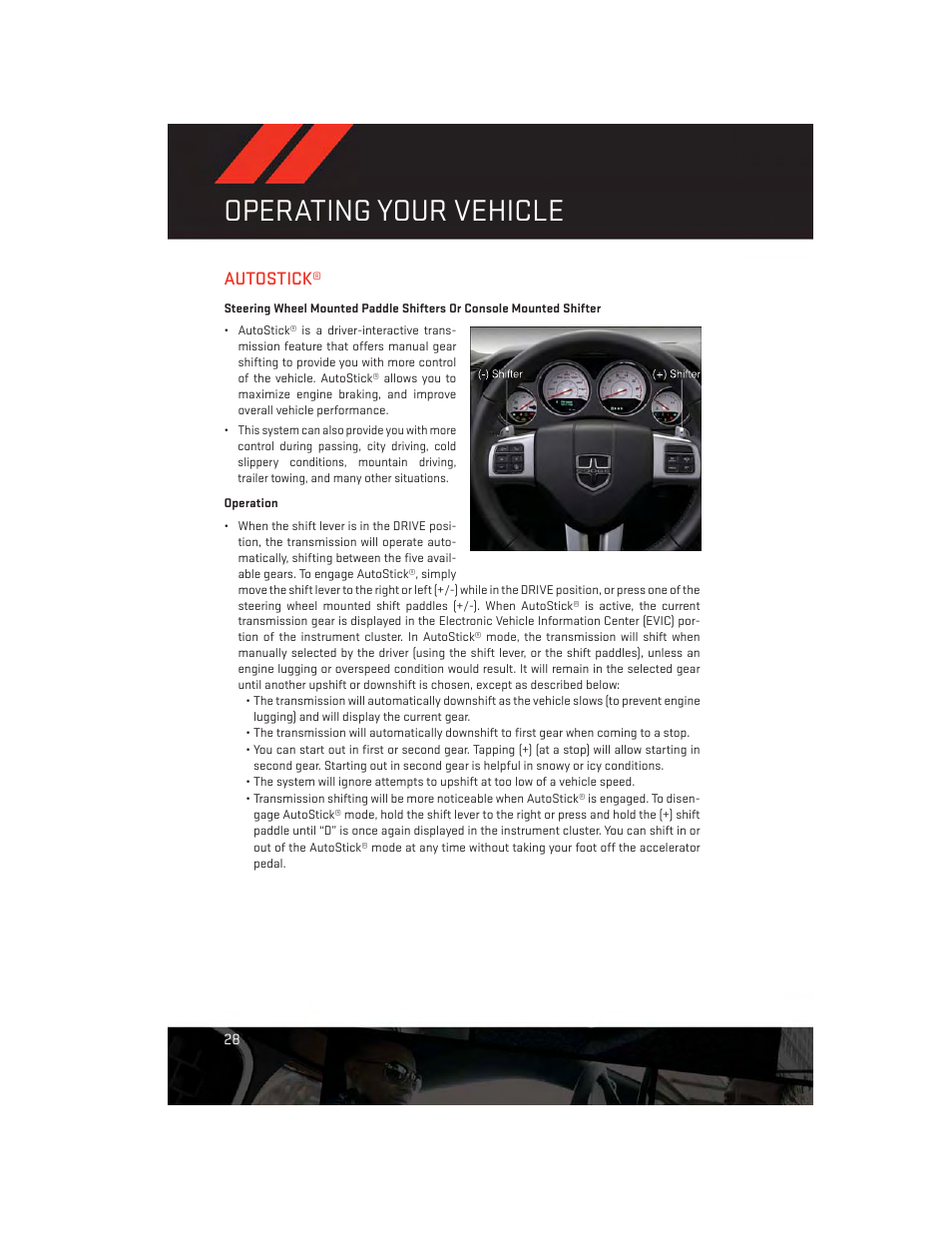 Autostick, Operation, Operating your vehicle | Dodge 2013 Challenger_SRT - User Guide User Manual | Page 30 / 140