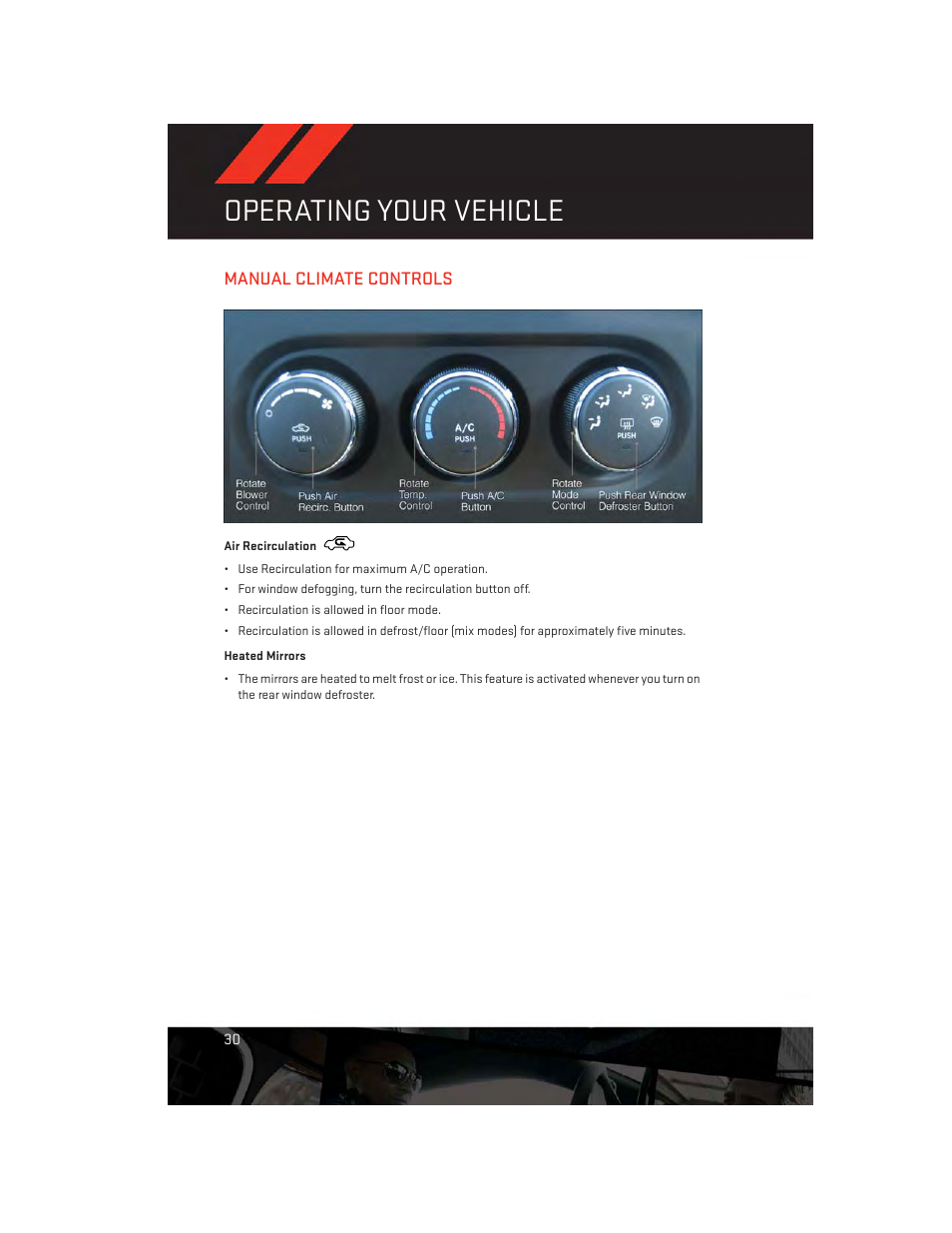 Manual climate controls, Air recirculation, Heated mirrors | Operating your vehicle | Dodge 2013 Challenger_SRT - User Guide User Manual | Page 32 / 140