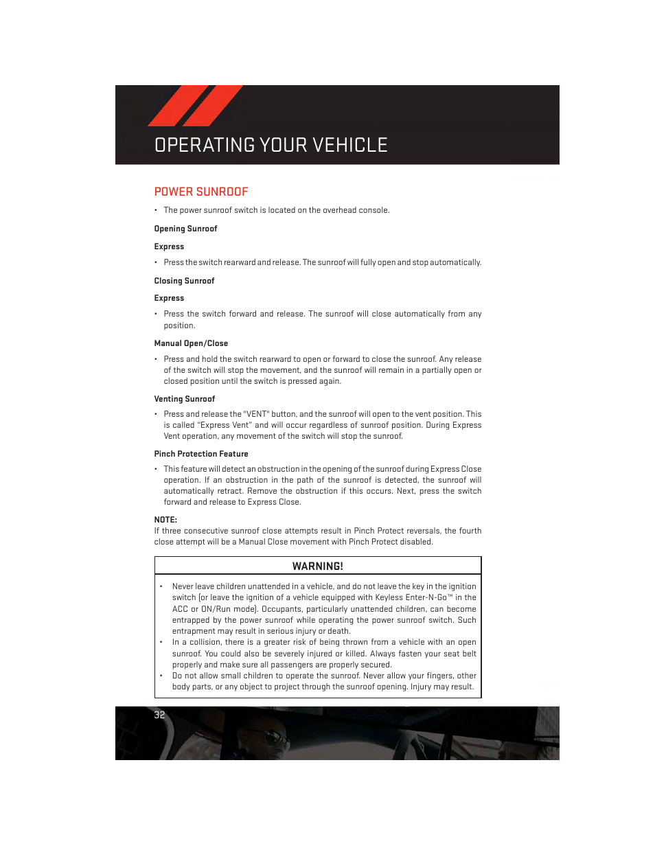 Power sunroof, Opening sunroof, Closing sunroof | Manual open/close, Venting sunroof, Pinch protection feature, Operating your vehicle | Dodge 2013 Challenger_SRT - User Guide User Manual | Page 34 / 140