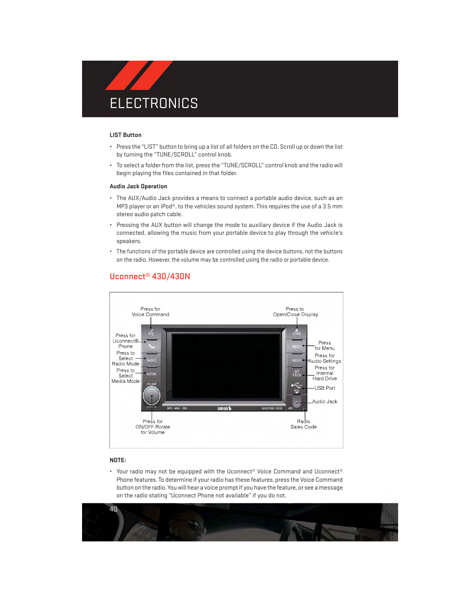 Audio jack operation, Uconnect® 430/430n, Electronics | Dodge 2013 Challenger_SRT - User Guide User Manual | Page 42 / 140