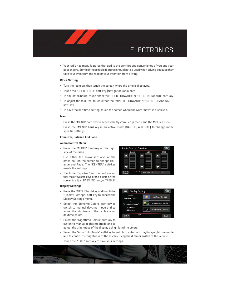 Clock setting, Menu, Equalizer, balance and fade | Electronics | Dodge 2013 Challenger_SRT - User Guide User Manual | Page 43 / 140